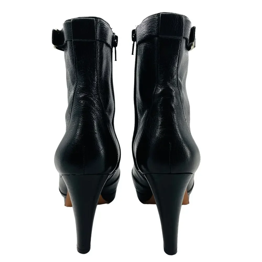 Nine West Fudgeit Black Leather Stiletto Heel Inside Zip Buckle Ankle Booties 8